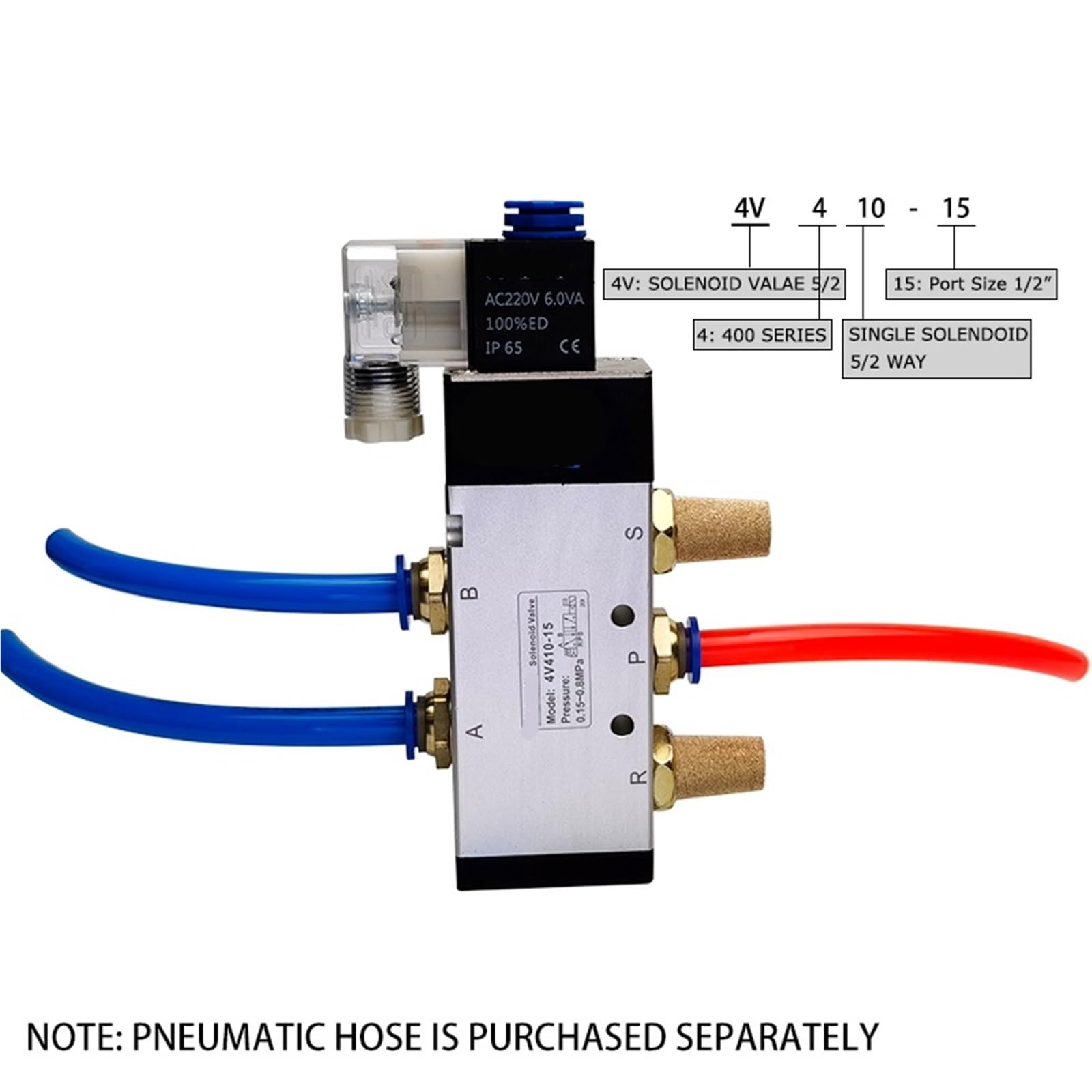 Pneumatyczny zawór powietrzny Solenoid 4V410-15 5-drożny 2-pozycyjny zawór gazowy 1 szt. (z 6 mm, DC24V)