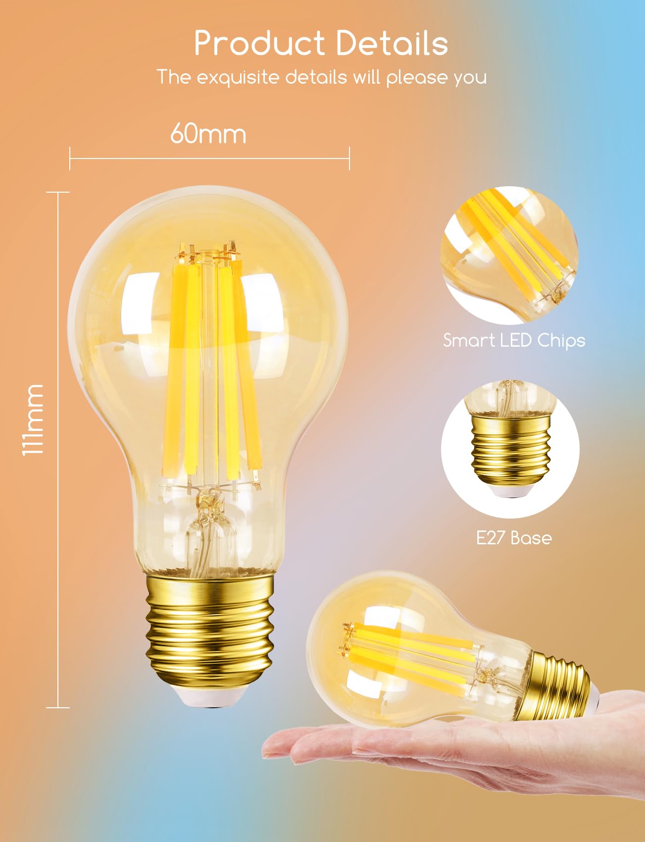 Aigostar Alexa Glühbirne E27 Edison Vintage Glühbirne 6W Retroglühbirnen LED A60 Smart Lampe Wlan Dimmbar 2700K-6500K, App Steuern Kompatibel mit Alexa und Google Assistant. Bernstein 6 Stücke