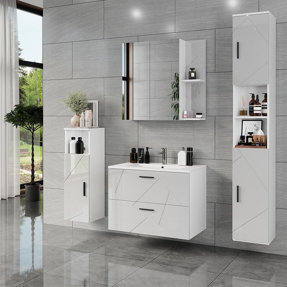 Vicco Set di mobili da bagno Irma, Bianco/bianco lucido, 100 cm, composto da mobile sottolavabo, lavabo, pensile, colonna e mobile medio