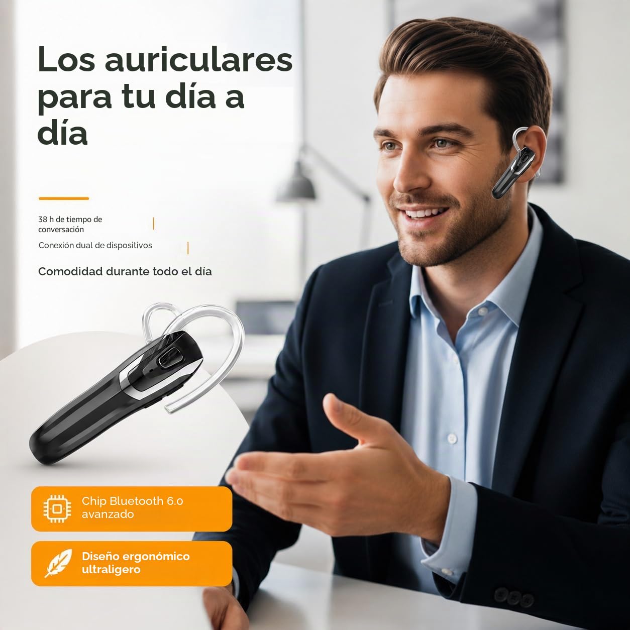 Auriculares Bluetooth V6.0 con cancelación de ruido de IA y 38 horas de tiempo de conversación – Auriculares manos libres de un solo oído, doble emparejamiento, ligeros auriculares Bluetooth para