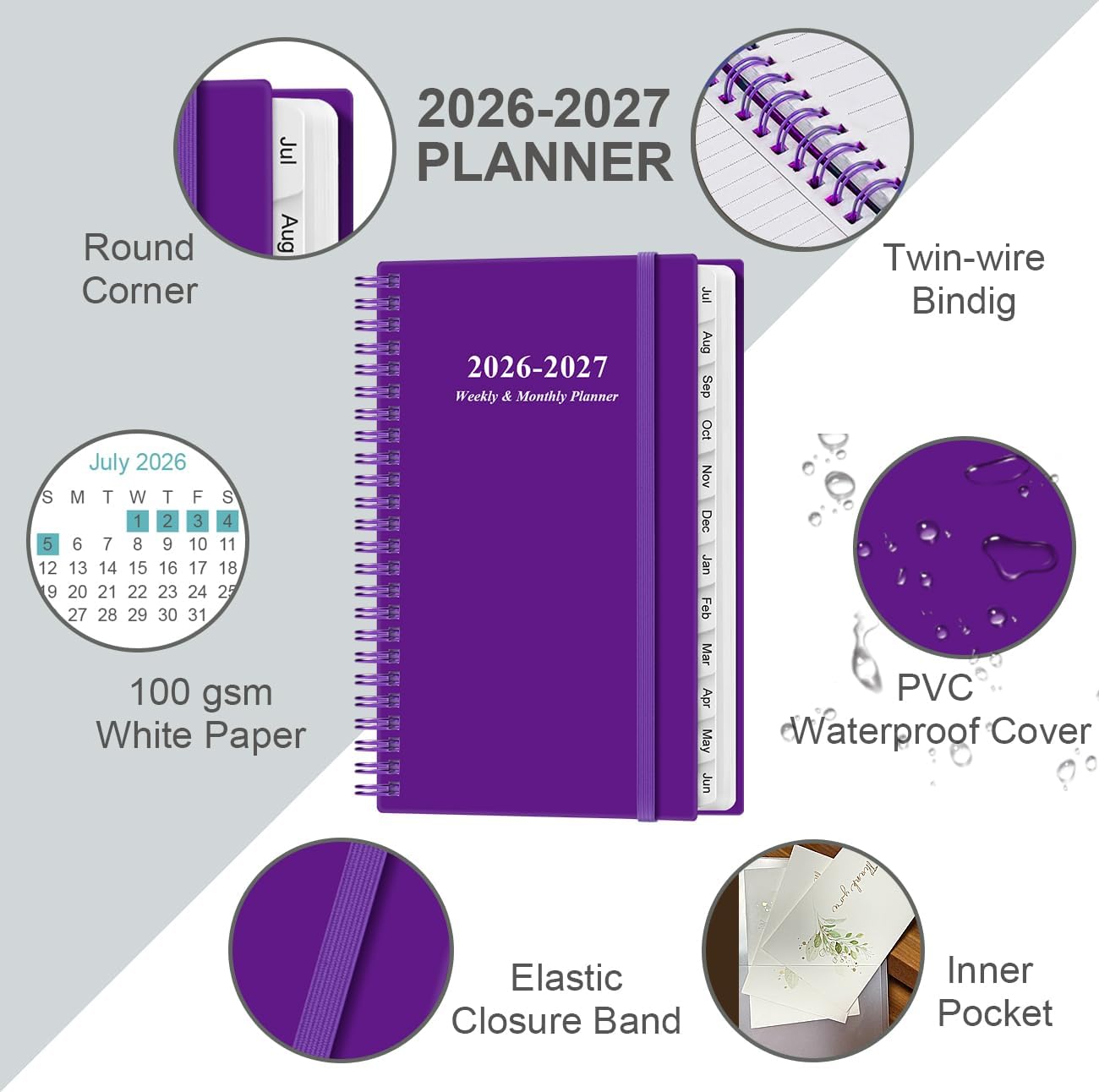 2026-2027 Pocket Planner/Calendar - 2026-2027 Planner from July 2026 - June 2027, Planner 26-27 with 12 Tabs, Twin-Wire Binding, Inner Pocket, 3.75" x 6.75, Purple image 2