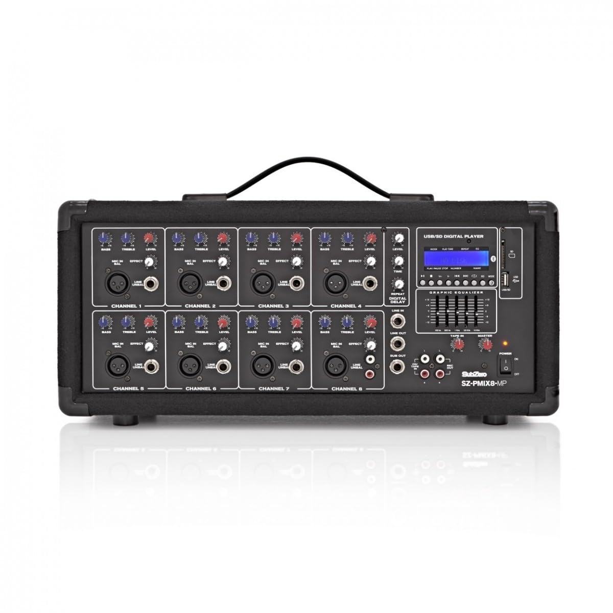 SubZero Powered Mixer mit Media Player &Bluetooth 200W RMS | 8 Kanäle mit XLR- und Klinkeneingängen, 200W RMS/280W Spitze, integrierter MP3-Player mit Bluetooth, 2-Band-EQ pro Kanal