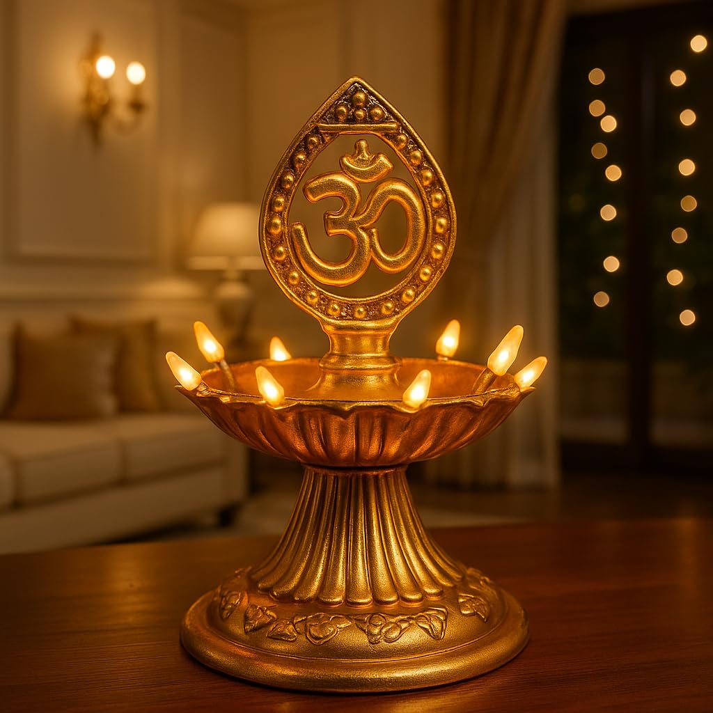 Manifested Decor Om Symbol Brass Oil Lamp, Traditional 5-Wick Diya with Ornate Stand, Golden, Diwali Indoor Decoration-picture-10