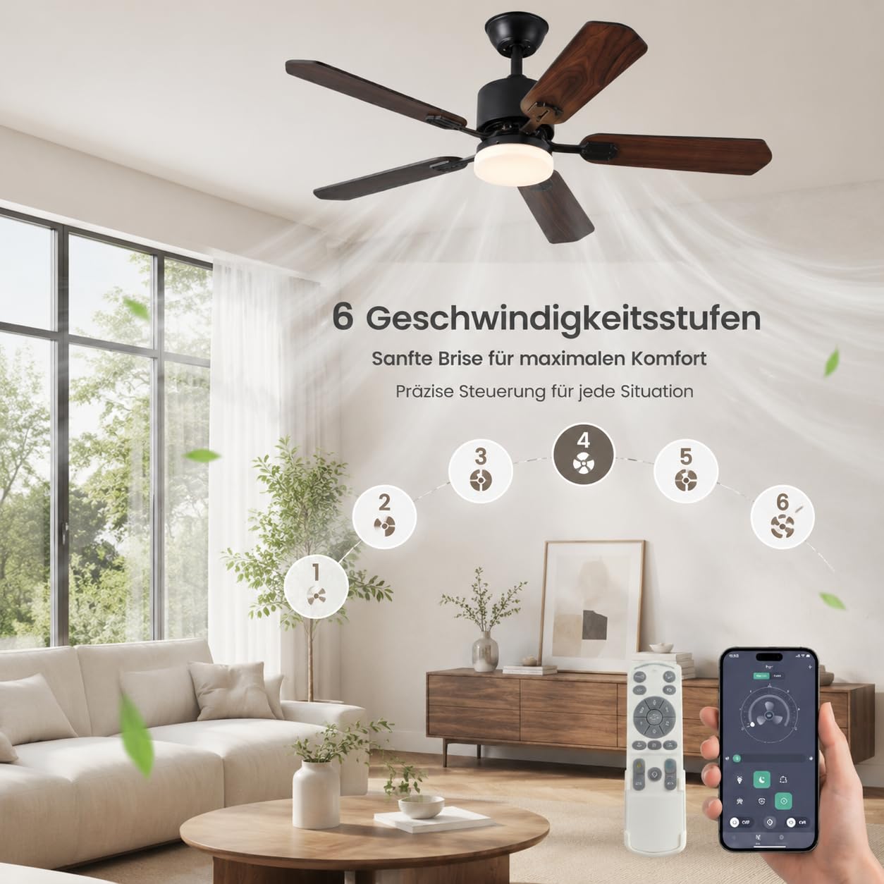DATO Deckenventilator mit Beleuchtung und Fernbedienung,108 cm,5 Holzflügel,3 Farbtemperaturen,Timer,für Schlafzimmer und Wohnzimmer (Schwarz, 108 cm)