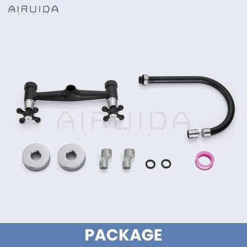 Vista 26 de Airuida Grifo de cocina de montaje en pared con rociador, grifo de fregadero de cocina montado en la pared, asas dobles cruzadas, boquilla giratoria