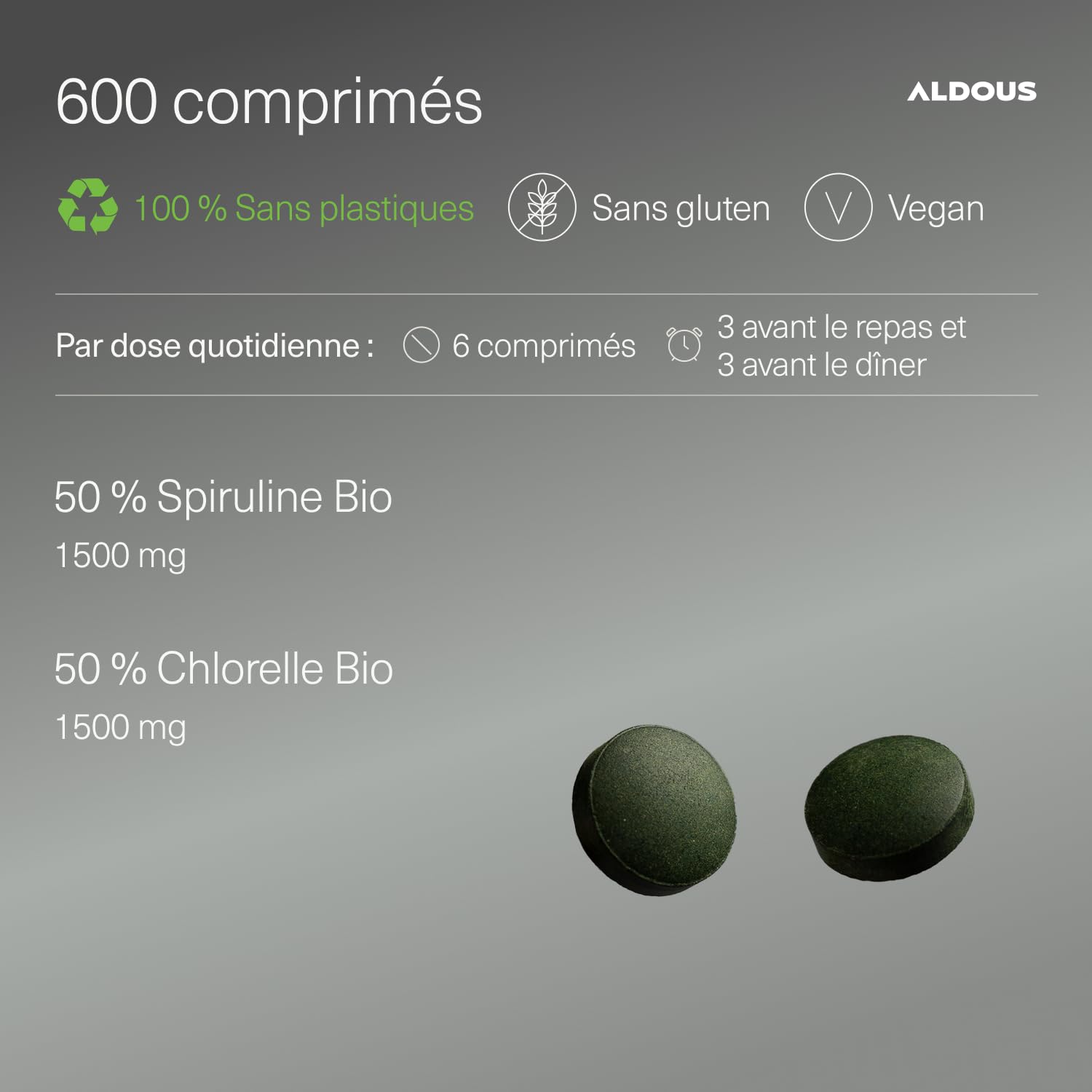 Chlorella + Spiruline Comprimés - 600 Comprimés - 3000mg par Dose Journalière - Anti Fatigue & Immunité Adulte - Phycocyanine & Protéines - Vegan - DETOX - Sans Additif - Certifié Bio - ALDOUS
