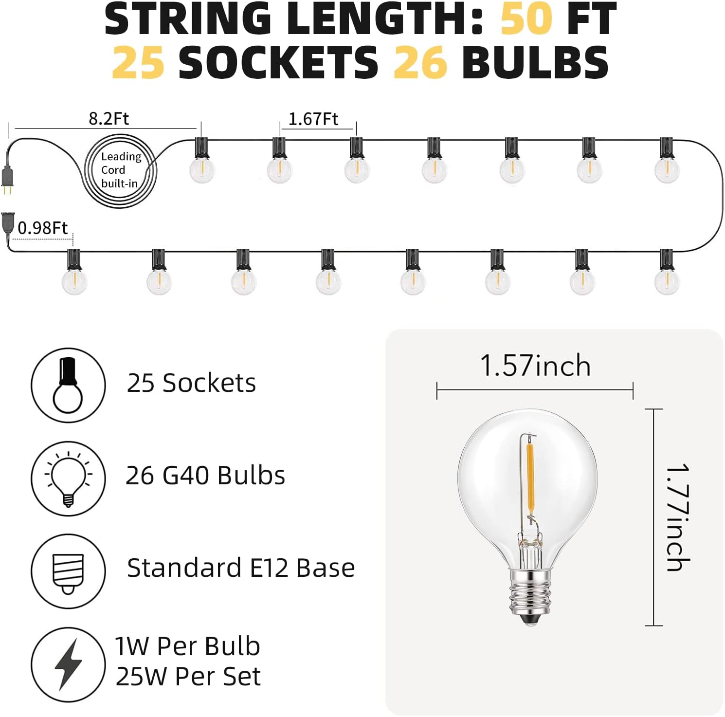 RTTY Outdoor String Lights 50ft, G40 Led Patio Lights with 26pcs Bulbs,Waterproof Shatterproof Dimmable Hanging Globe Outdoor Lights for Cafe,Bistro & Backyard - - 