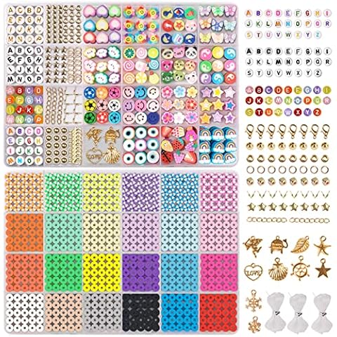 Clay Beads Bracelet Making Kit, 24 Colors Polymer Flat Beads for Jewelry Making with Clay Charm for Handmade Necklaces, 2 Boxes Art & Crafts Beads Set for Kids Girls Birthday Christmas Gift Cover