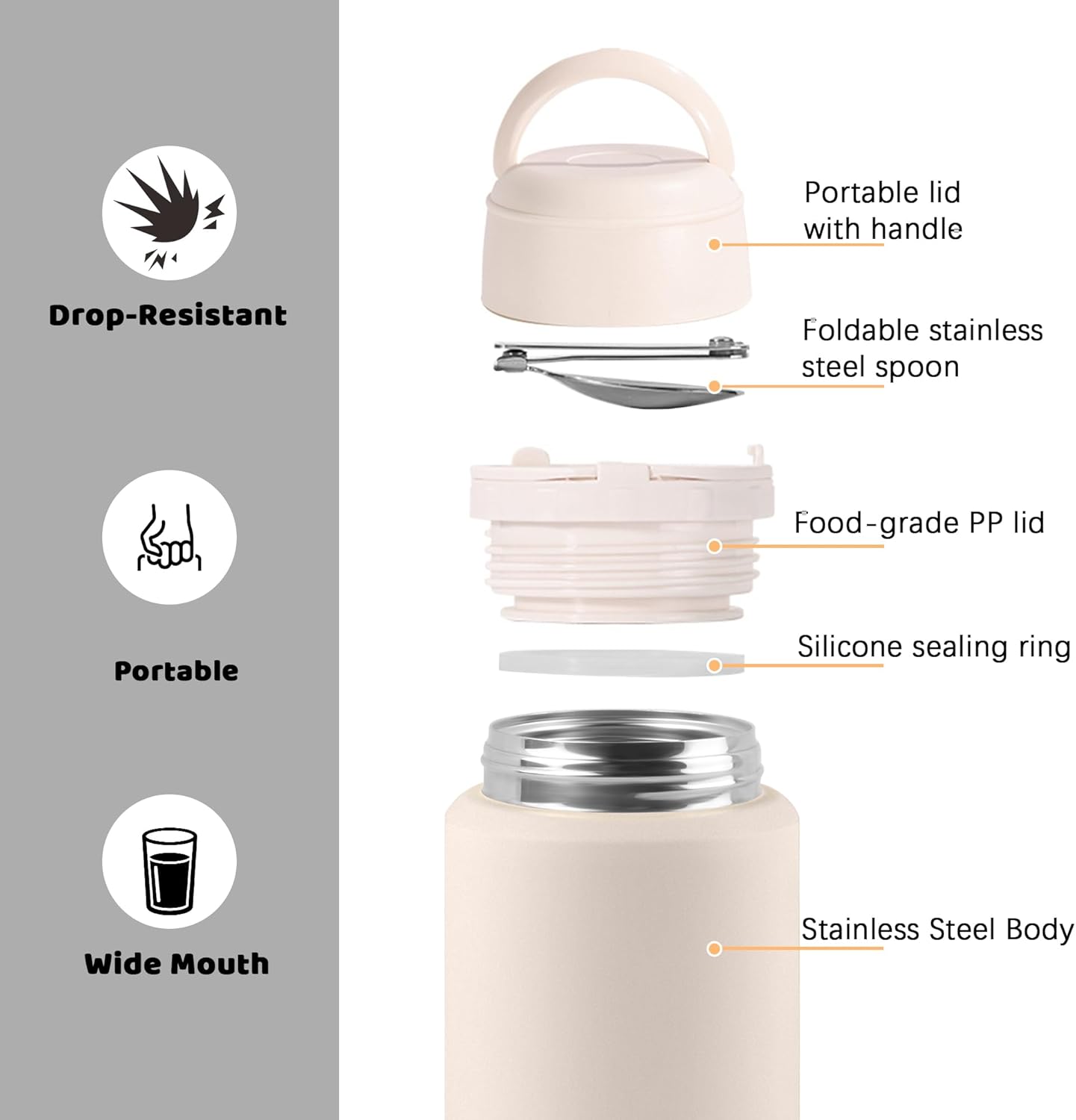 Thermo for Hot & Cold Food, 25oz Insulated Food Jar with Handle Spoon, Thermal Lunch Container, 316 Stainless Steel Lunch Box for Men Women, Keeps food Hot for 12 Hours or Cold for 24 Hours(White) - Image 3