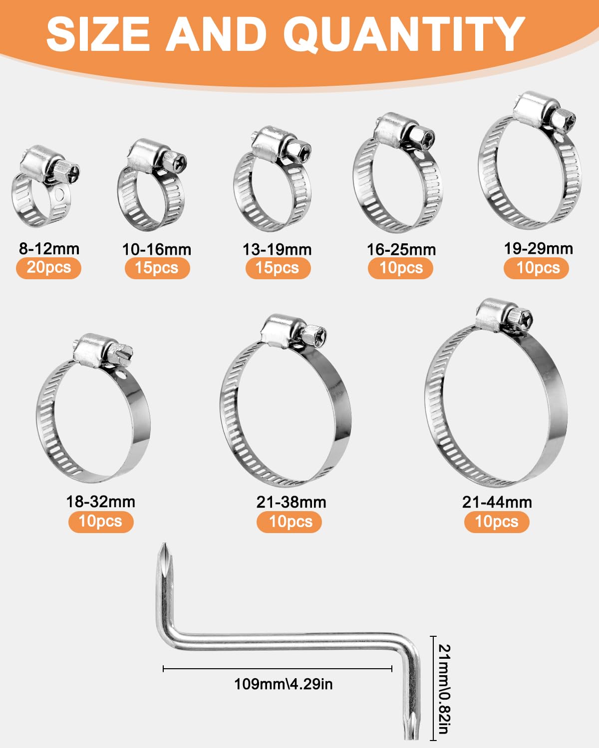 100 Stk Schlauchschellen Set, Einstellbare 8-44 mm Schlauchschelle, Edelstahl Rohrschellen Sortiment, 8 Größen Schlauchklemme für Wasserleitung, Autoleitung,Waschmaschine
