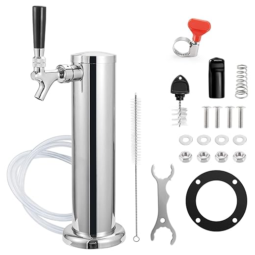 MRbrew Single Tap Draft Beer Tower, Support Countertop and Kegerator Installation, Stainless Core Beer Faucet Stainless Steel 3'' Flange Brewing Tower Dispenser Kit with Self-Closing Faucet Spring