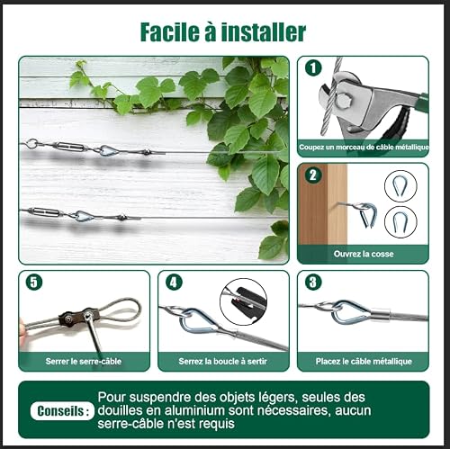 Angooni Lot de 70 câbles en acier inoxydable 50 m épais de 3 mm avec câble en acier inoxydable gainé, tendeur de câble en acier inoxydable 304, kit de tuteur pour plantes grimpantes – vue 3