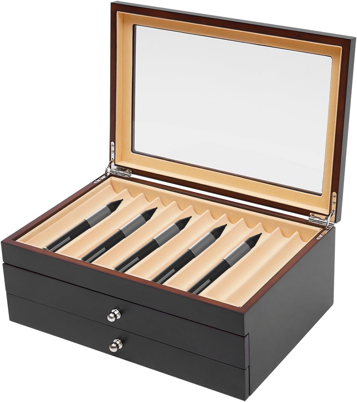 34 Pieces Sandalwood Wood Pen Box, 3 Levels with Drawers Fountain Display Organizer Box with Glass Window Gift for Friend (Black red)