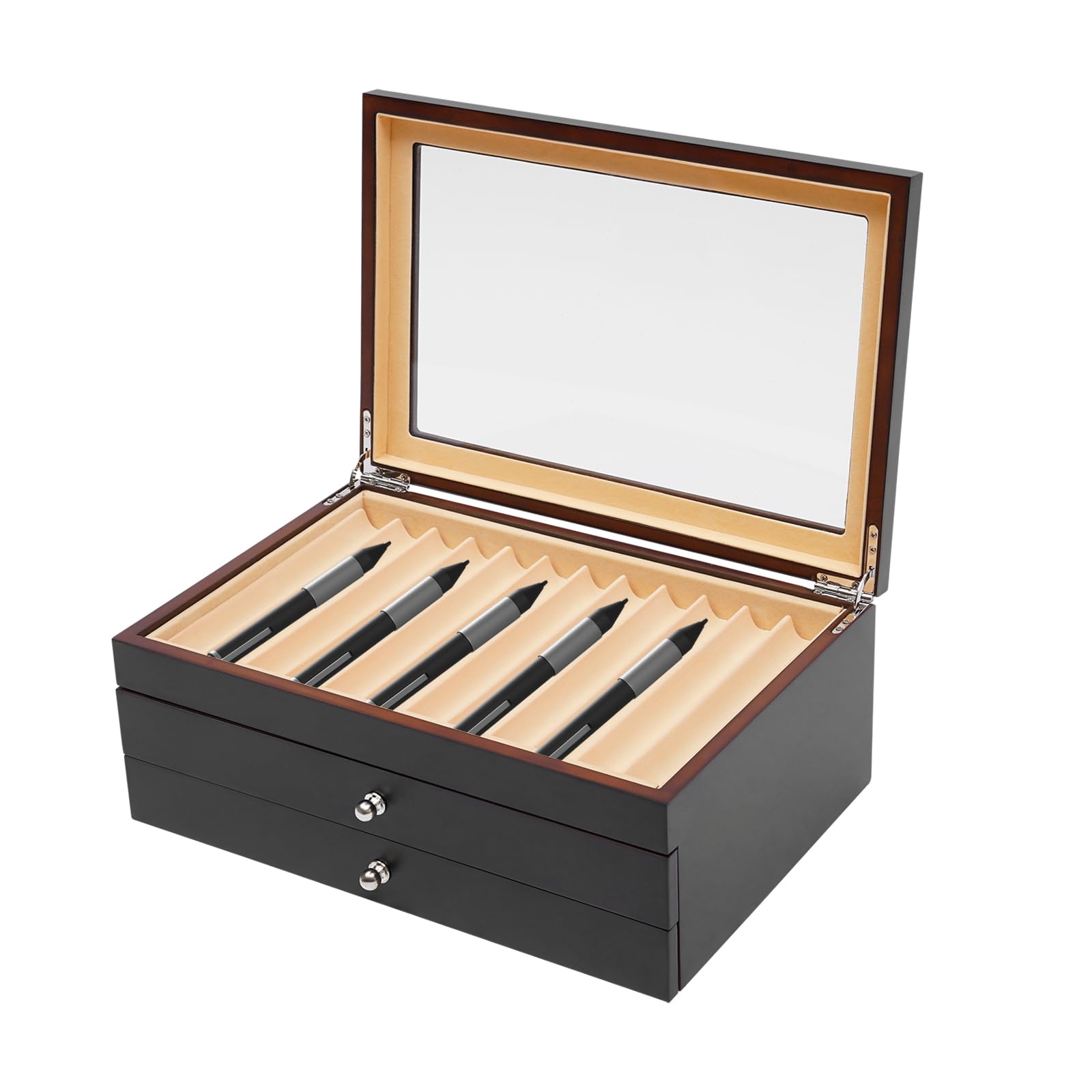 Vetrina per penne in legno, 3 livelli, 34 scomparti, portapenne, portapenne, organizer per penne stilografiche, penna a sfera e pennarelli, 31 x 21 x 12,5 cm