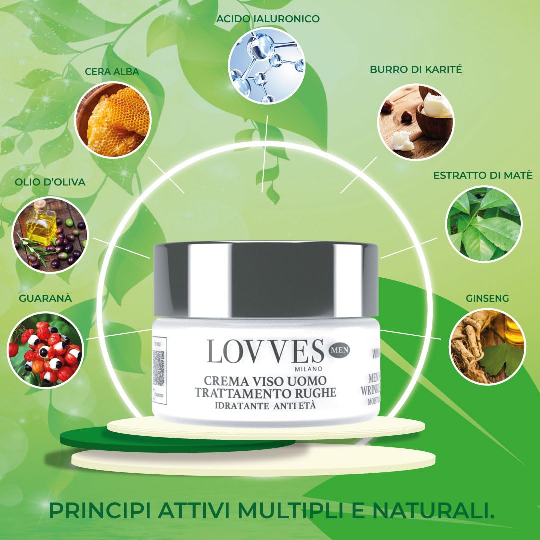 LOVVES Crema Facial Antiarrugas Hombre, Alta Cosmética Natural, Hidratante, Acción Antioxidante, Energiza la Piel y Aumenta su Firmeza, Formato Tarro de Cristal 50 ml