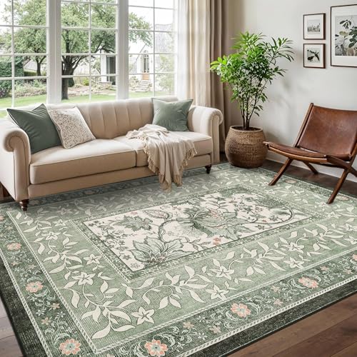 GarveeHome Provence 5x7 Area Rugs, Botanical Grove Sage Green Vintage Cottagecore Non-Slip Washable Rug for Living Room Bedroom Nursery Kitchen Low-Pile Retro Carpet