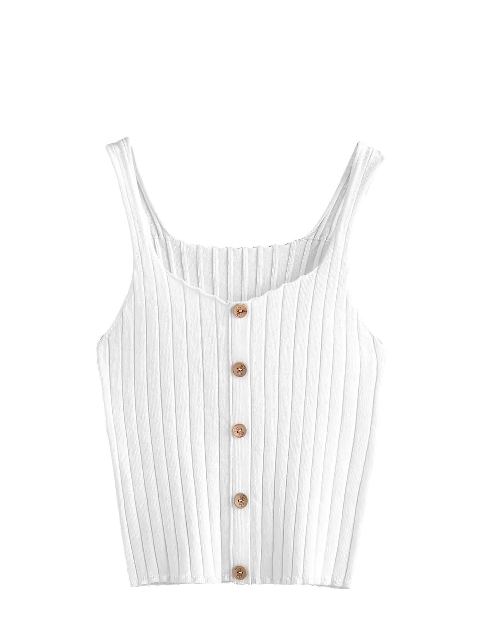 Remidoo Women's Ribbed Knit Tank Top Button Front Fitted Cami Tops Sleeveless Top, Crop Top, Scoop Neck, Spaghetti Strap, Button Up, Summer, Sexy