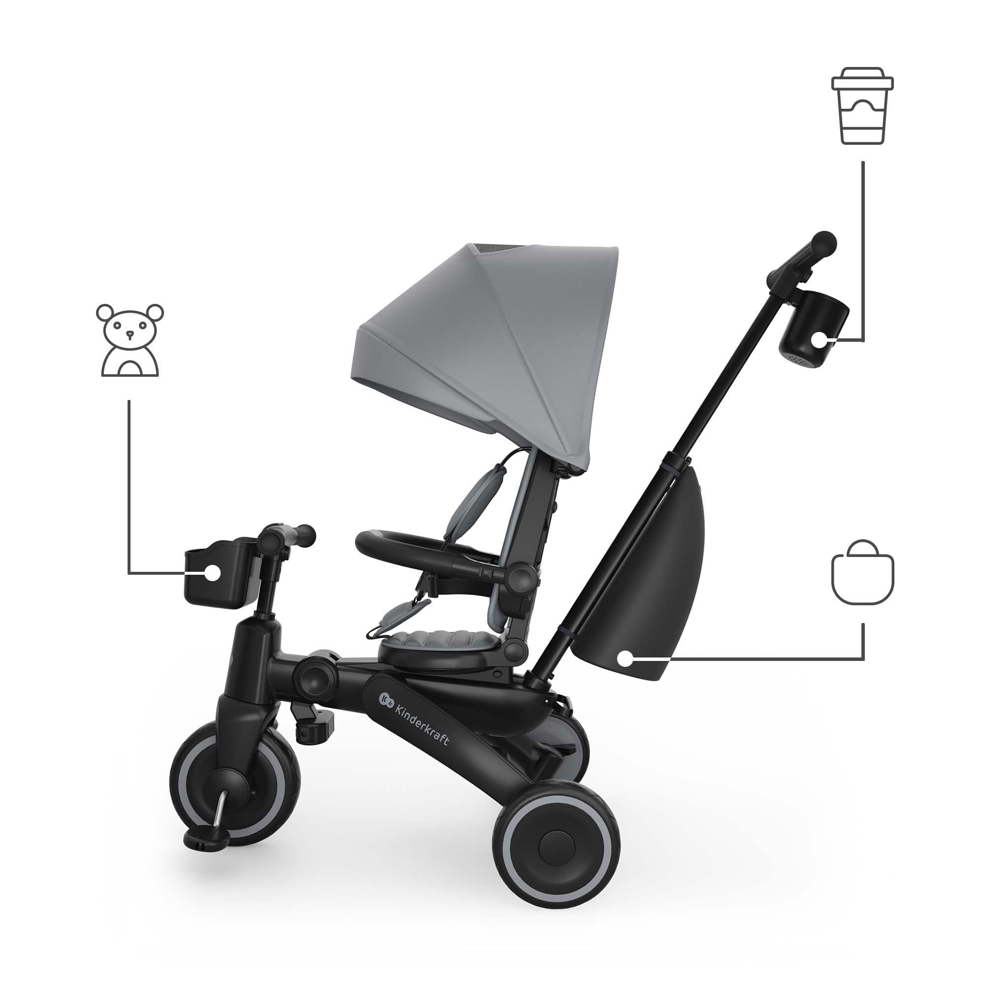 Kinderkraft Jazz 3 Tricycle Pliable, siège Rotatif 360°, Position Semi-allongée Face et Dos à la Route, Canopy UPF 50+, Pliage Compact, dès 9 Mois, Gris