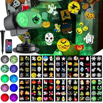 Christmas/Halloween Projector Lights (112 Patterns,10 Water Waves), Double Projection Lamps with HD Effects, 8 Moving Patterns on Slide, Brighter Lighting for Indoor/Outdoor/Xmas/Party/Holiday (15W)