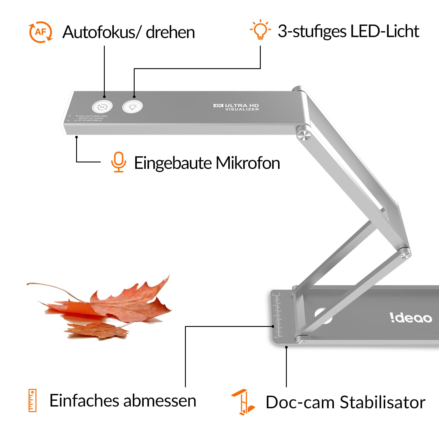 Ideao DC400 4K 16MP USB Dokumentenkamera & Webcam, 3-in-1 Scanner | 4K/30fps 1080P/60fps, Autofokus, Mikrofon, LED-Lampe, 100+ OCR, für Fernlernen & Meetings, Windows/Mac/Chromebook