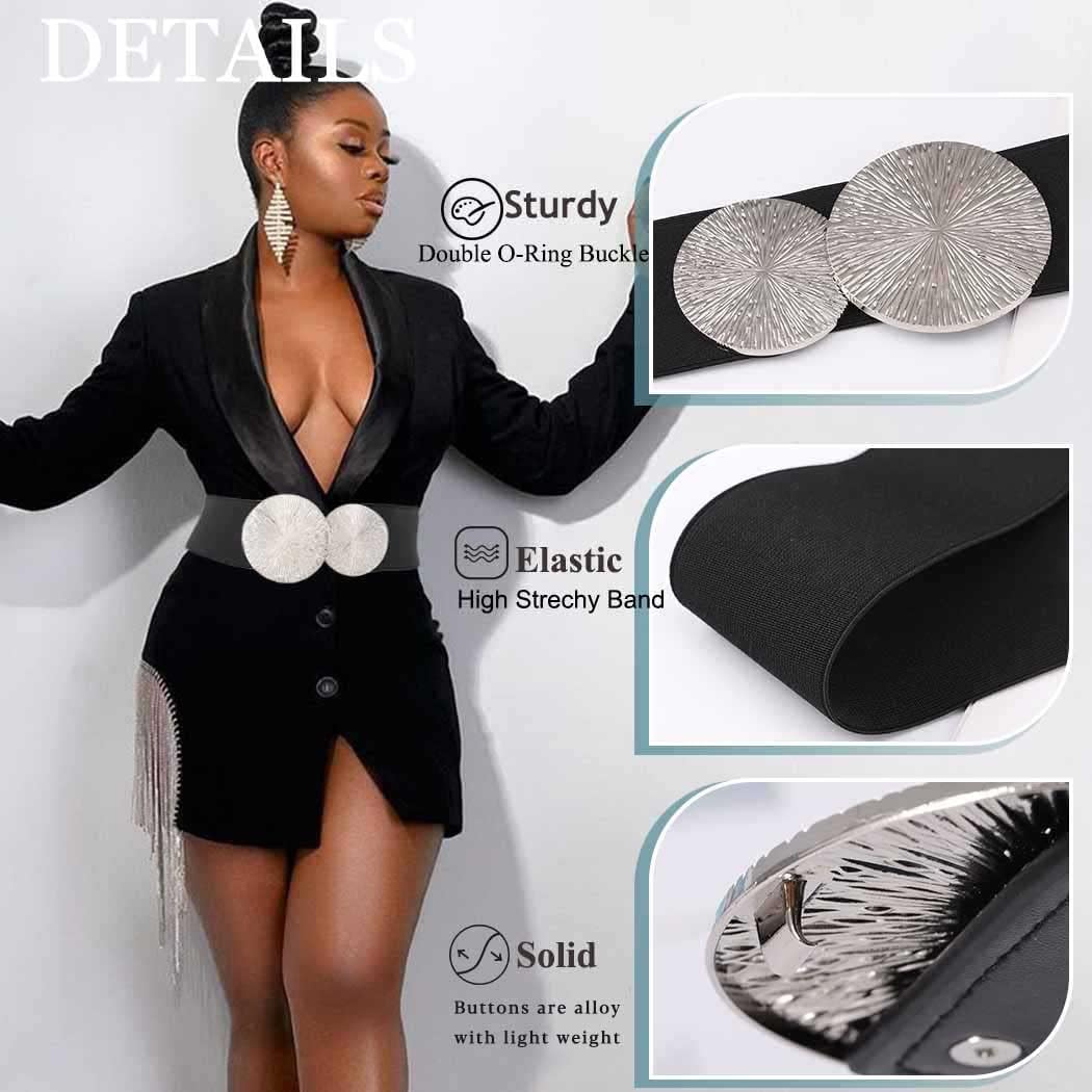 Tgirls Women Black Thick Belt Elastic Wide Waist Belt for Dresses with Big Buckle - Image 3