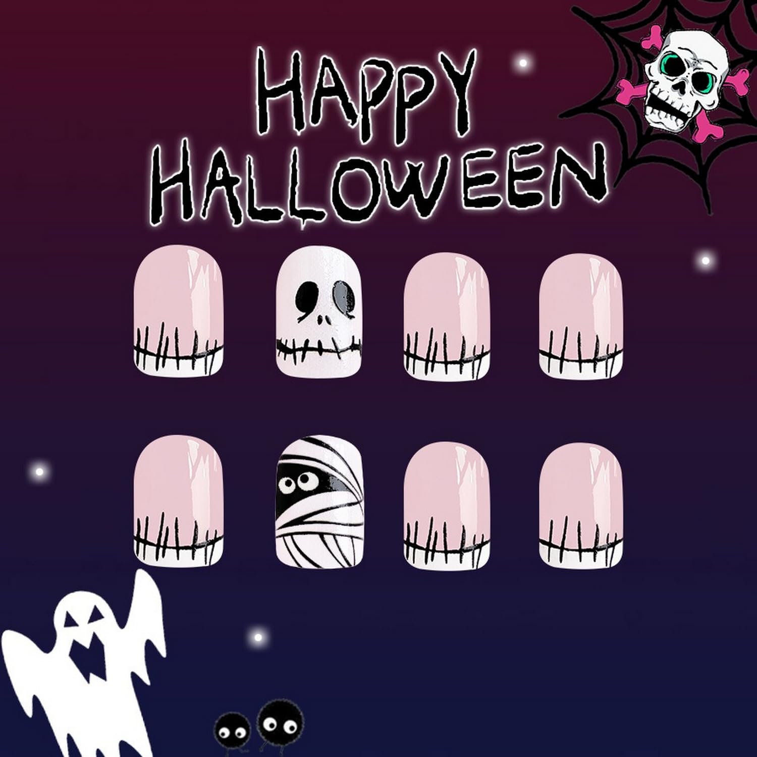 Halloween Press on Nails French Tip Almond Fake Nails Terror Blood False Nail with Acrylic Glue on Nails Medium Artificial Nails Glossy Reusable Halloween Stick on Nails for Women DIY Manicure 24 Pcs: Halloween Style 025