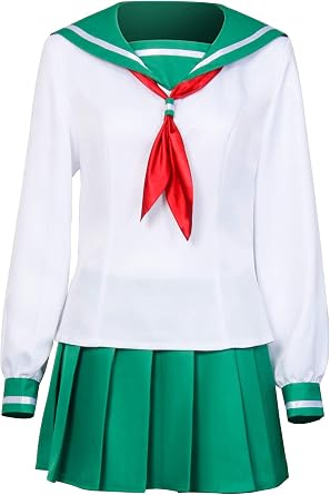 Kagome Higurashi Costume Women Anime School Green Sailor Dress Tops Skirt Uniform Set