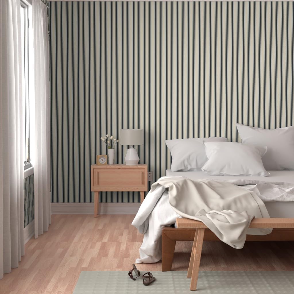 Peel & Stick Wallpaper Swatch - Coastal Stripe,Ticking Stripe,Black Navy Cream,grandmillennial,Heritage Custom Removable Wallpaper by Spoonflower