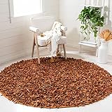 SAFAVIEH Leather Shag Collection Area Rug - 6' Round, Orange, Hand-Knotted Modern Leather, Ideal for High Traffic Areas in Living Room, Bedroom (LSG601P)