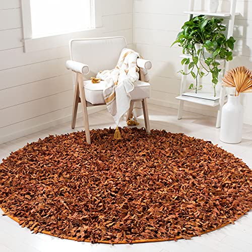 SAFAVIEH Leather Shag Collection Area Rug - 6' Round, Orange, Hand-Knotted Modern Leather, Ideal for High Traffic Areas in Living Room, Bedroom (LSG601P)