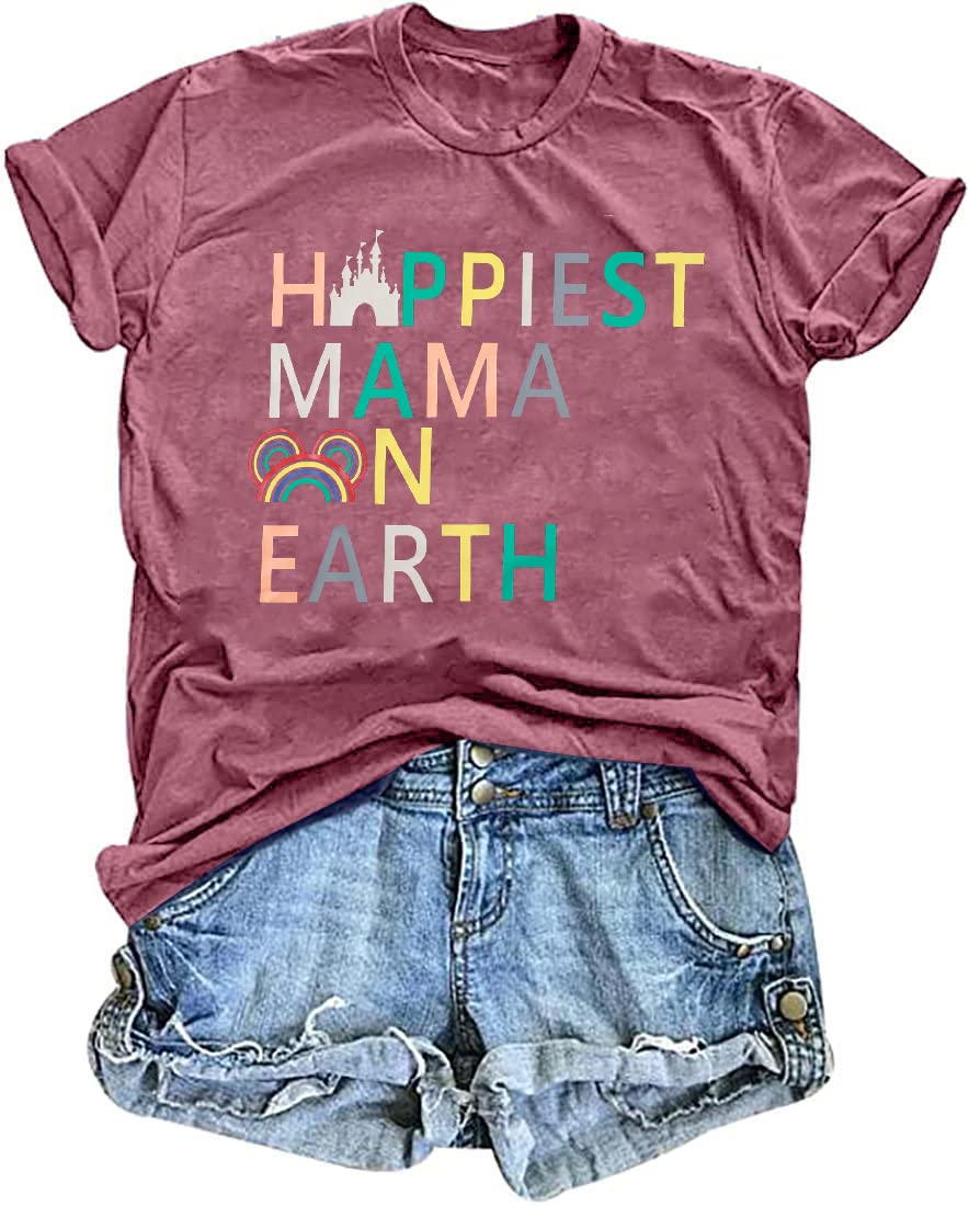 DUTUTMagical Shirt for Women Happiest Mama On Earth Tee Magic Kingdom Castle Tshirt Family Holiday Vacation Short Sleeve Top