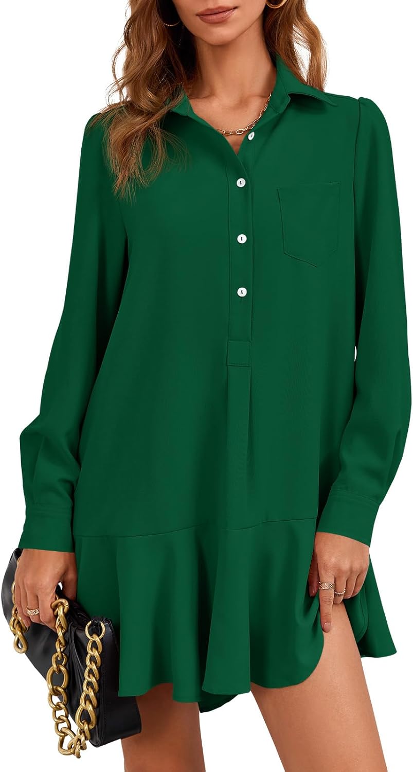 Fisoew Womens Casual Button Down Shirt Dress Long Sleeve Collared Pleated Swing Mini Dresses