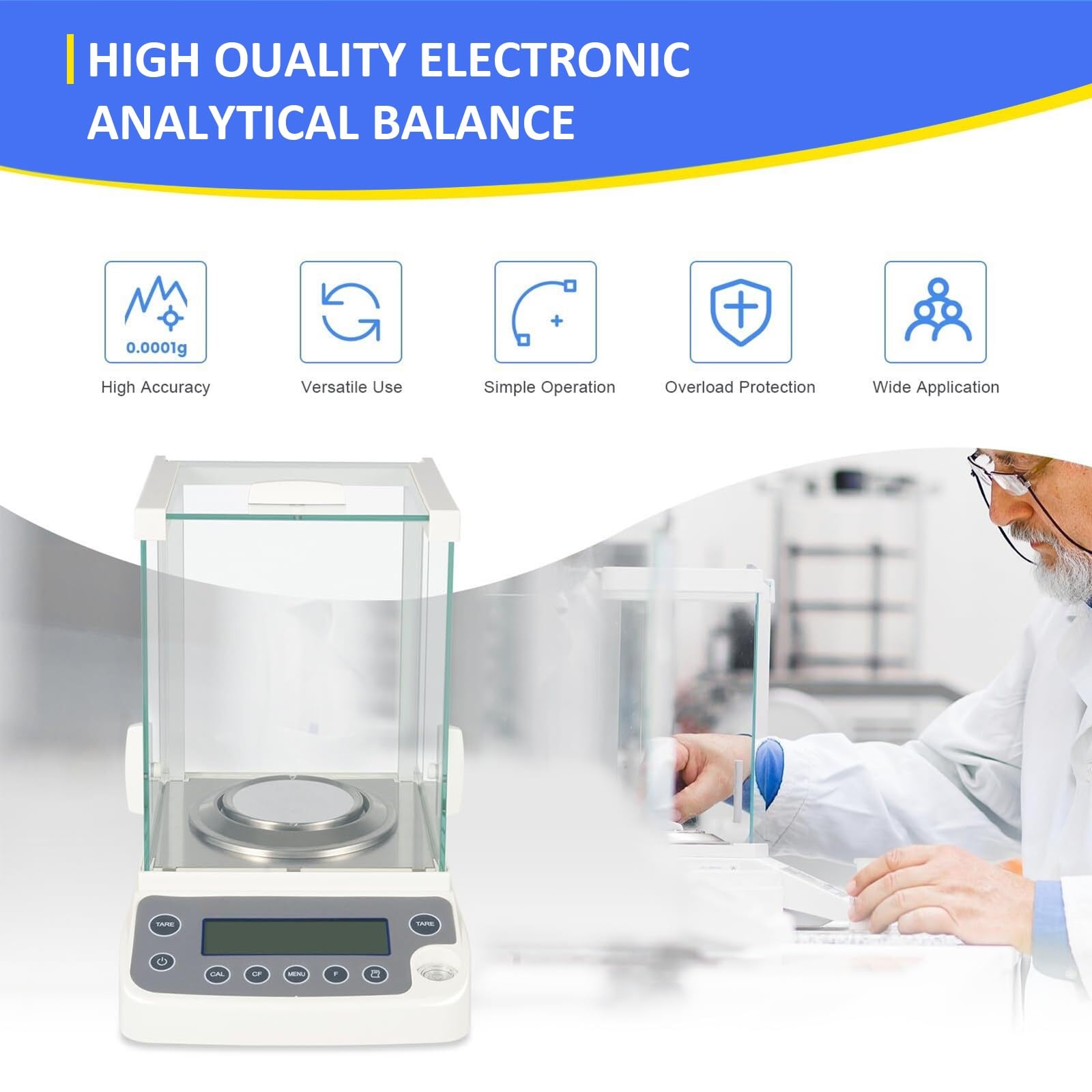 0.0001g Precision Lab Scale, 120g capacità Equilibrio analitico Digitale con Display LCD, Protezione da sovraccarico, interfacce RS232 e USB per Gioielli, Farmacia, Test di Laboratorio ed esperimenti
