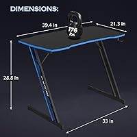 Vista 3 de PayLessHere Mesa de juego de 39 pulgadas Azul Escritorio para computadora en forma de Z con marco de acero, gancho para auriculares, pies