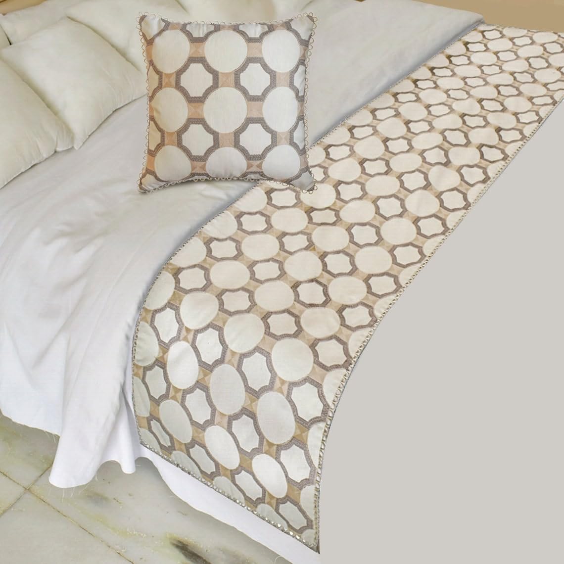 The HomeCentric King Queen Twin White Beige Grey Decorative Twin 53x18 Bed Runner Without Pillow Cover Embroidered Bouclet