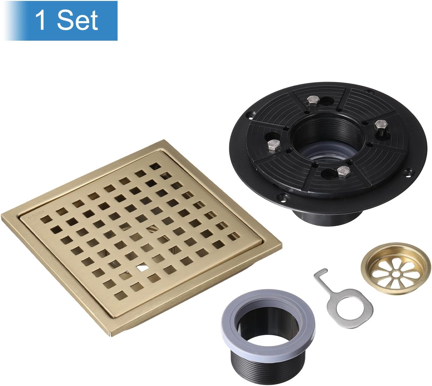 uxcell 6 Inch Square Shower Floor Drain, 304 Stainless Steel Floor Drain with Flange for Bathrooms, Kitchens, Garages, Showers Sinks, Quadrato Pattern Grate Removable, Gold
