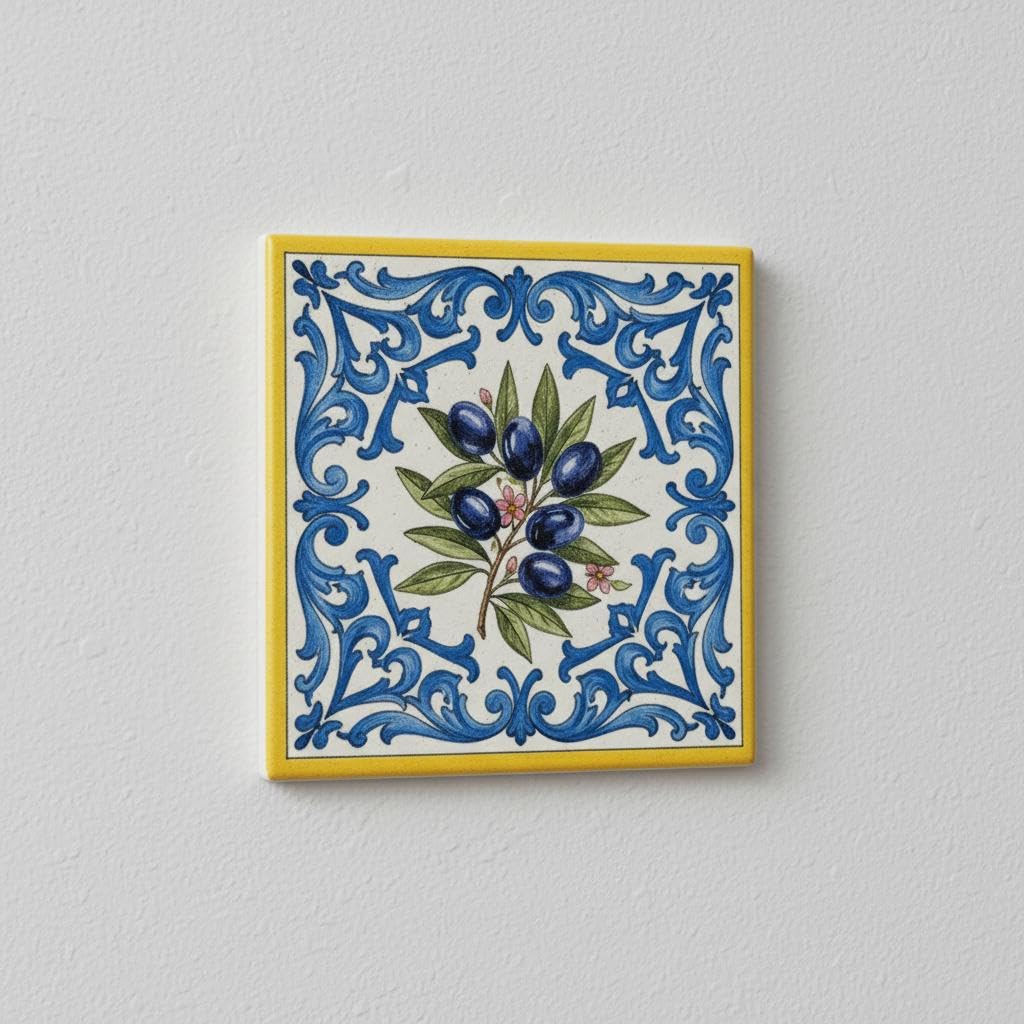 Adorno de Pared Cerámico Diseño Olivo y Lavanda, Decoración para Hogar, Set de 4 Platos Decorativos, Estilo Mediterráneo