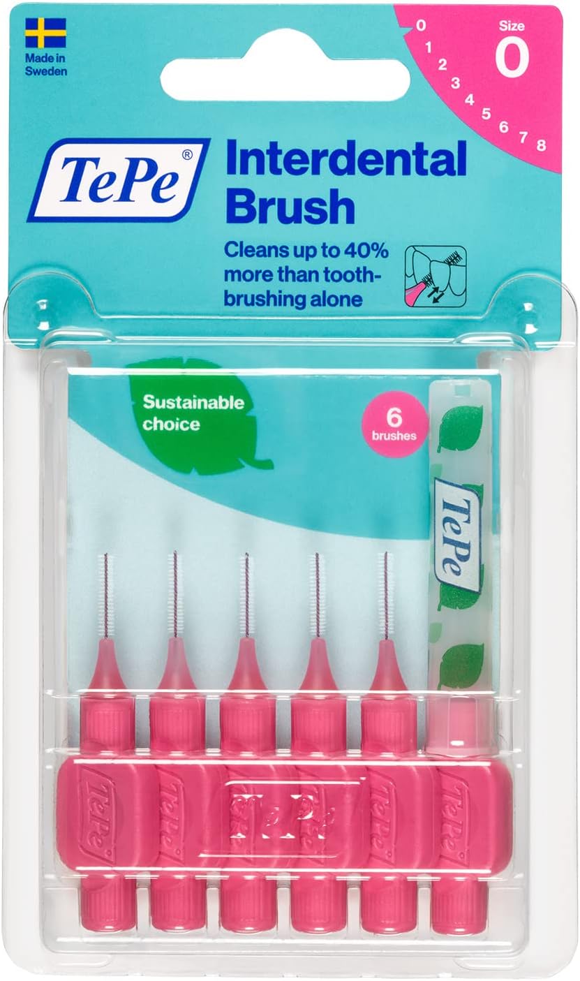 TePe Interdental Brush, Original, Pink, 0.4mm/ISO 0, 6pcs, Plaque Removal, efficient Clean Between Teeth, Tooth Floss, for Narrow Gaps