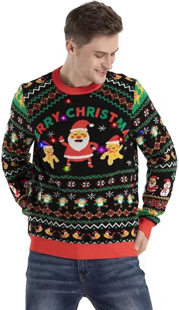 Men's LED Ugly Christmas Sweater Unisex Funny Novelty Knit Pullover with Lights