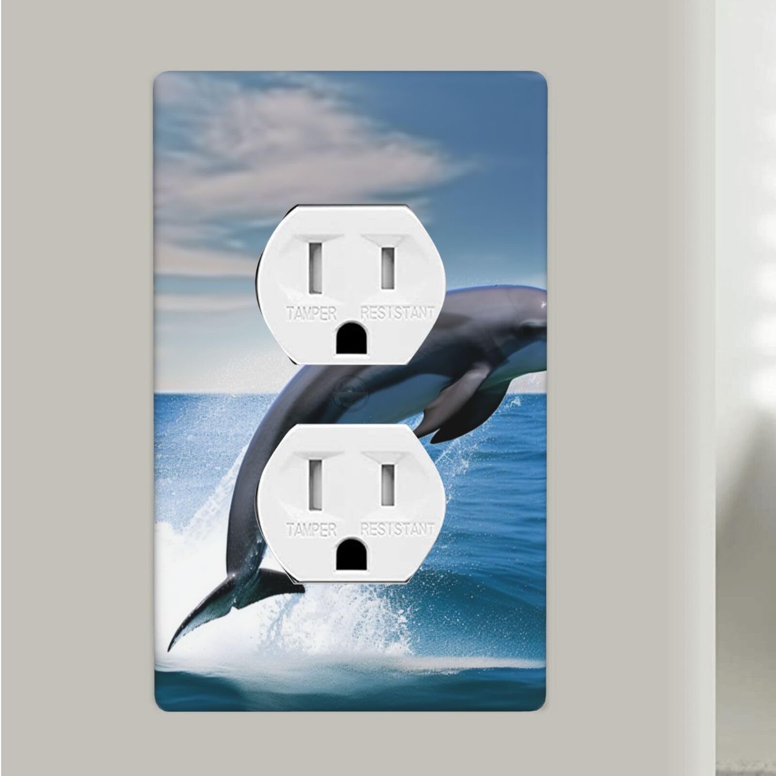 Jumping Up Dolphins Duplex Receptacle Outlet Covers, 1-Gang Standard Size Wall Plates Unbreakable Polycarbonate Electrical Switchplate Cover Faceplate for Bathroom Kitchen Decor