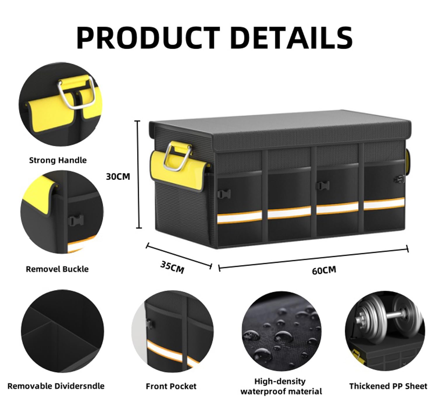 Organizer per bagagliaio con coperchio, 68 l, pieghevole, multifunzione, pieghevole, per auto, bagagliaio, impermeabile, per tutte le auto, campeggio, picnic, shopping (4 scomparti)