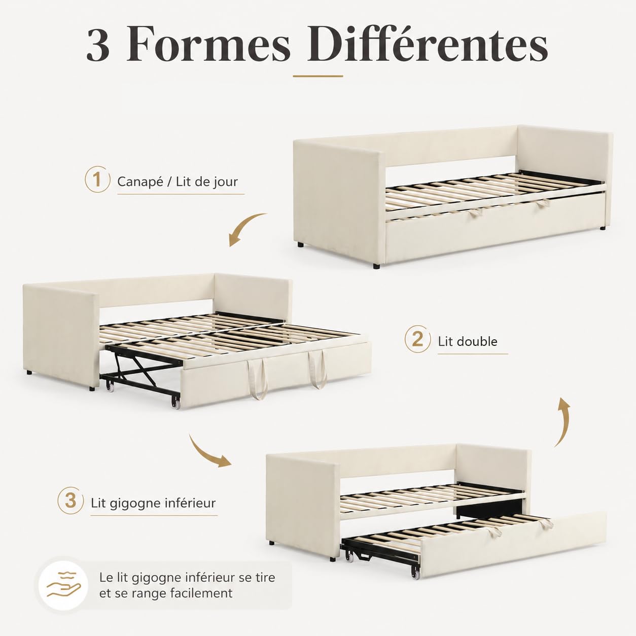 Sofá Cama Extensible 90/180 x 200 cm, sofá Cama de 2 plazas con función de Dormir y somier, Sofa Camas Nido, tapizado en Terciopelo, sin colchón (Beige)