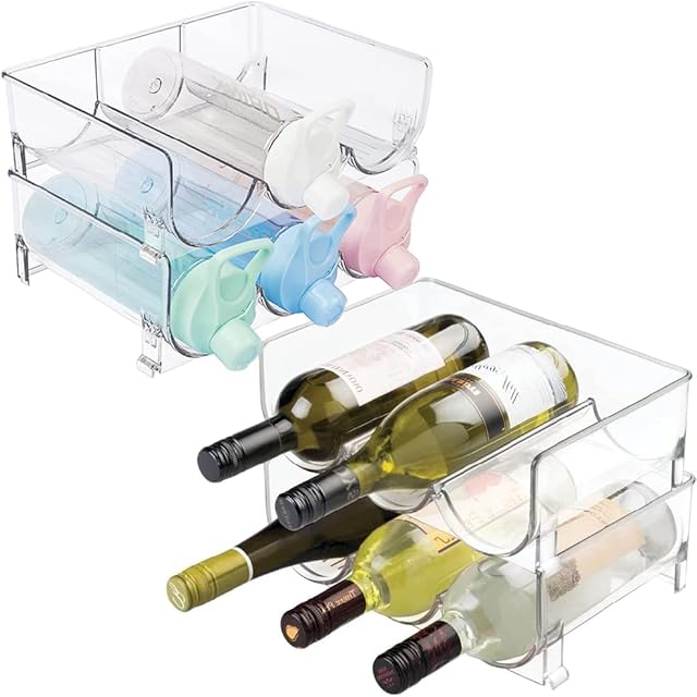 WHITERON 2 Pack Water Bottle & Wine Storage Holder , Stackable Slim Small Fridge Water Bottle Wine Racks, Fridge Bottle Holder Rack Can Dispenser, Home Kitchen Pantry Countertop Organizers and Storage