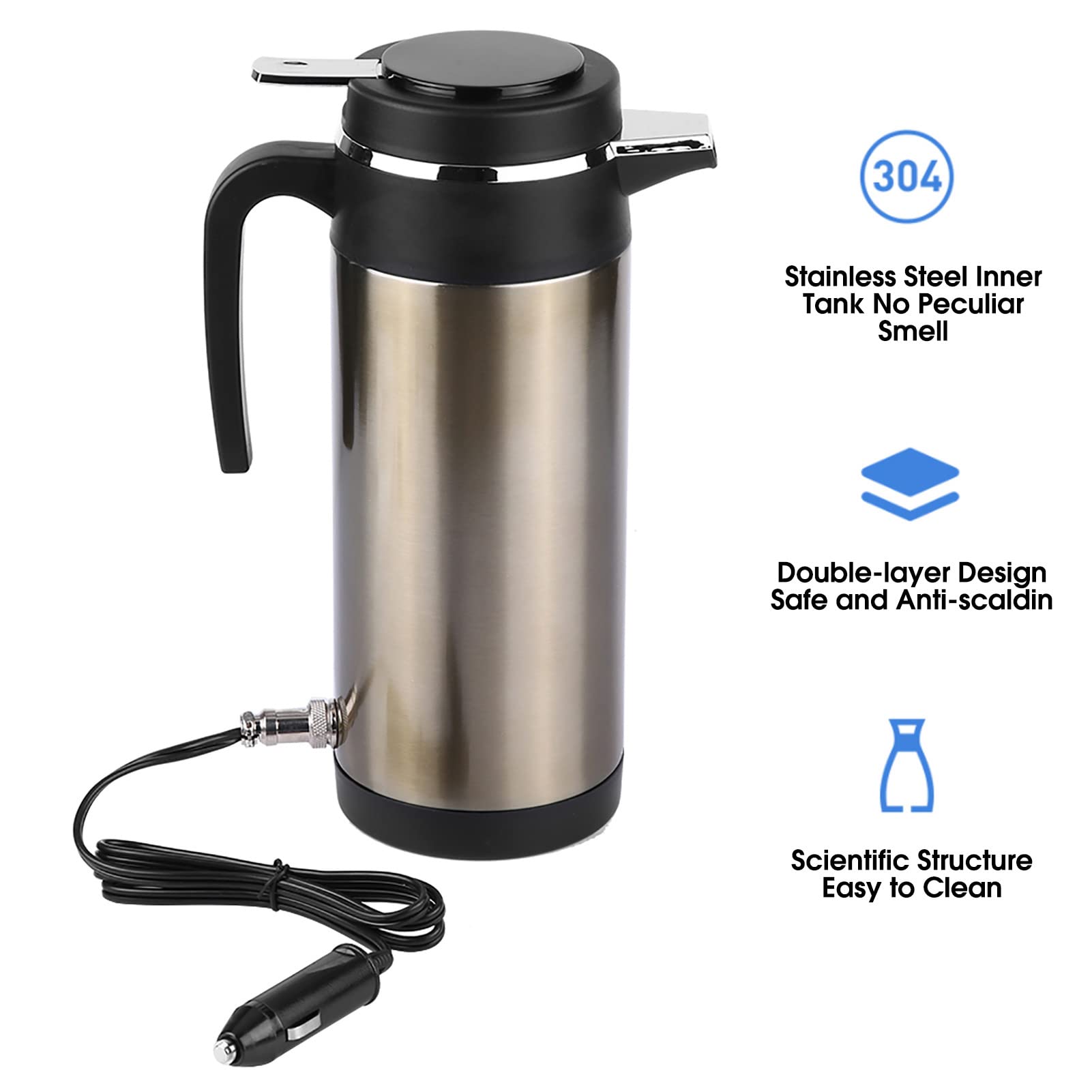 Hervidor eléctrico para coche, 1000 ml, 12 V, botella de agua calefactora de acero inoxidable, termos de viaje portátiles con enchufe para encendedor de cigarrillos para agua (12V)
