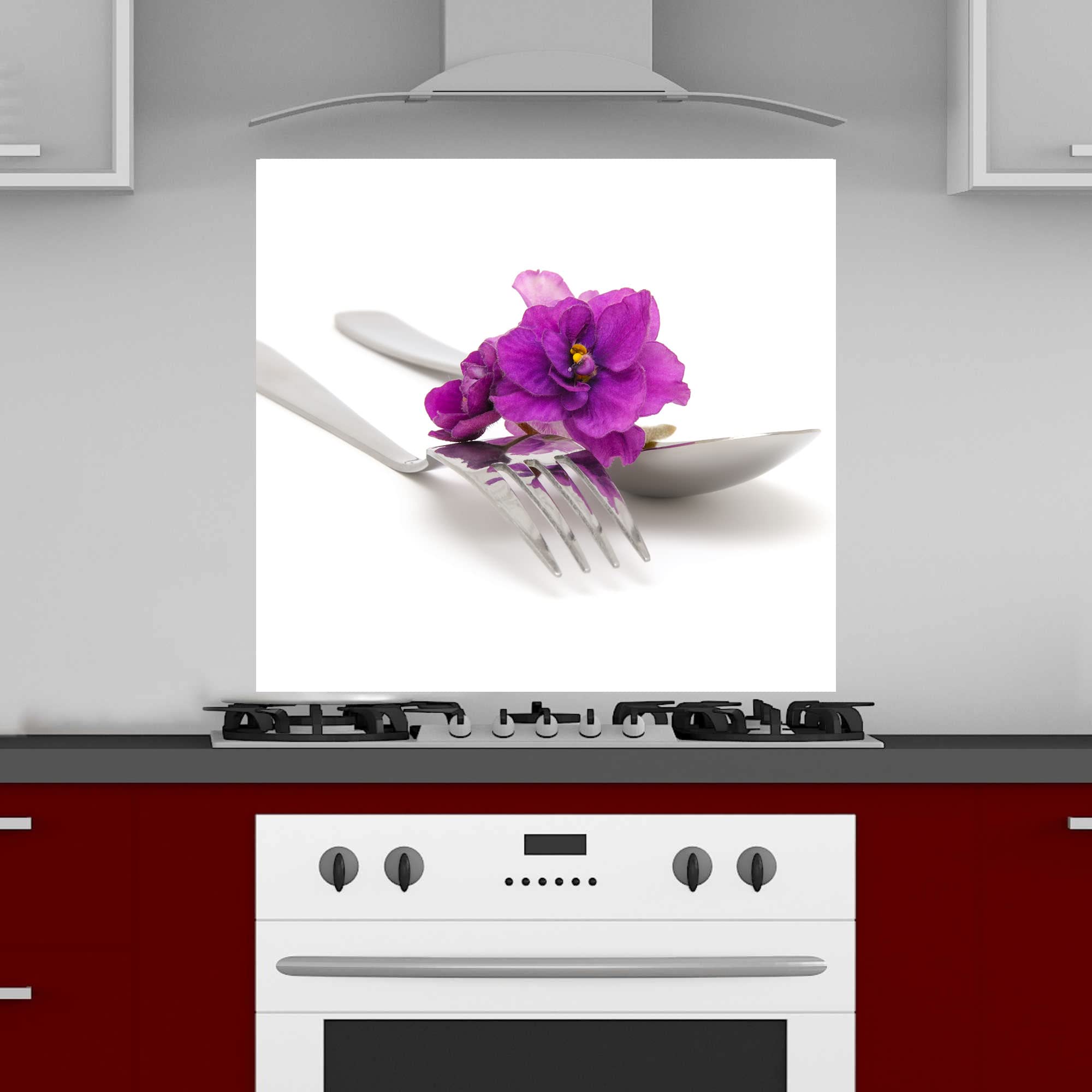 INDIGOS UG - Pannello posteriore da cucina per piastrelle, forchetta con fiori, 80 x 60 cm, paraspruzzi in alluminio, resistente al calore, pannello posteriore da cucina, moderno, lavabile, per