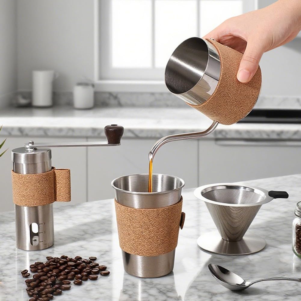 FACAIIO Ensemble de café complet comprenant un pot en acier inoxydable, une tasse, un entonnoir à filtre et un moulin en liège, pour la maison ou le bureau