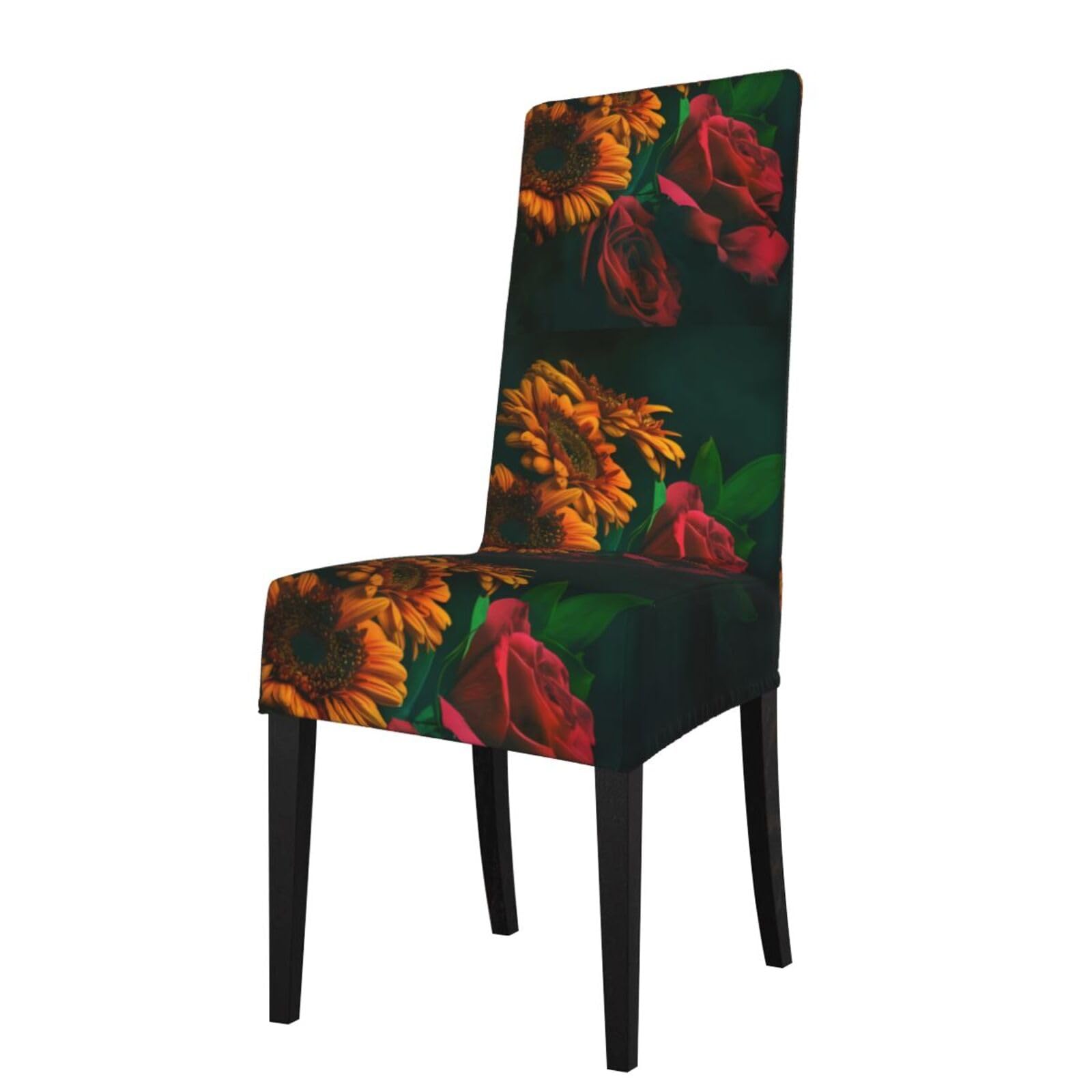 WHJDPP Sunflower and Rose Prints Dining Chair Throw Covers – Stretchy & Wrinkle-Resistant Seat Layers for Home, Hotel, and Event Decor