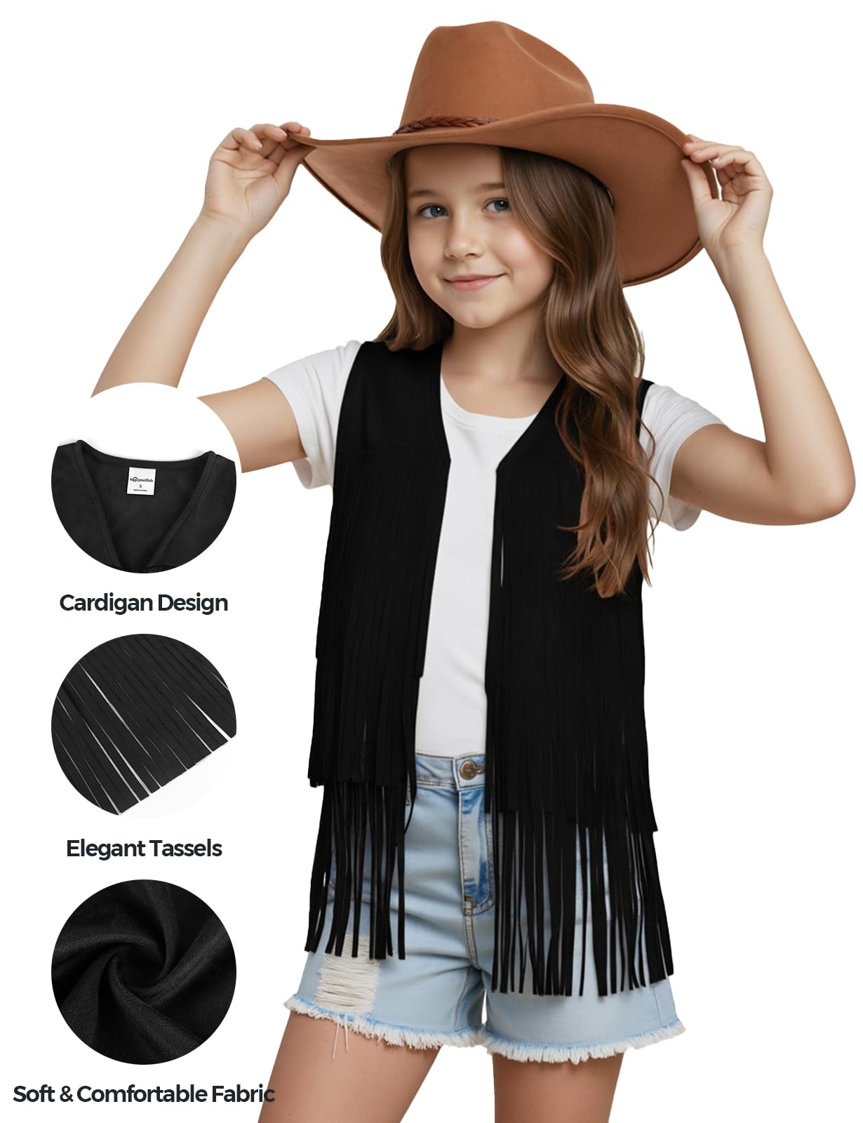 Spring&Gege Gilet à franges en faux cuir sauvage pour fille - Style hippie cowgirl western, sans manches