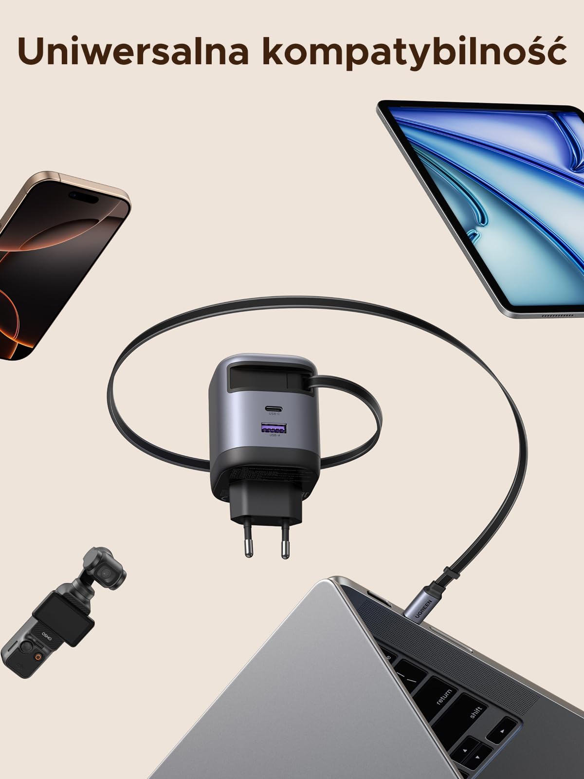 UGREEN Nexode Ładowarka USB-C 65 W, z przedłużanym kablem o długości 69 cm, 3 porty
