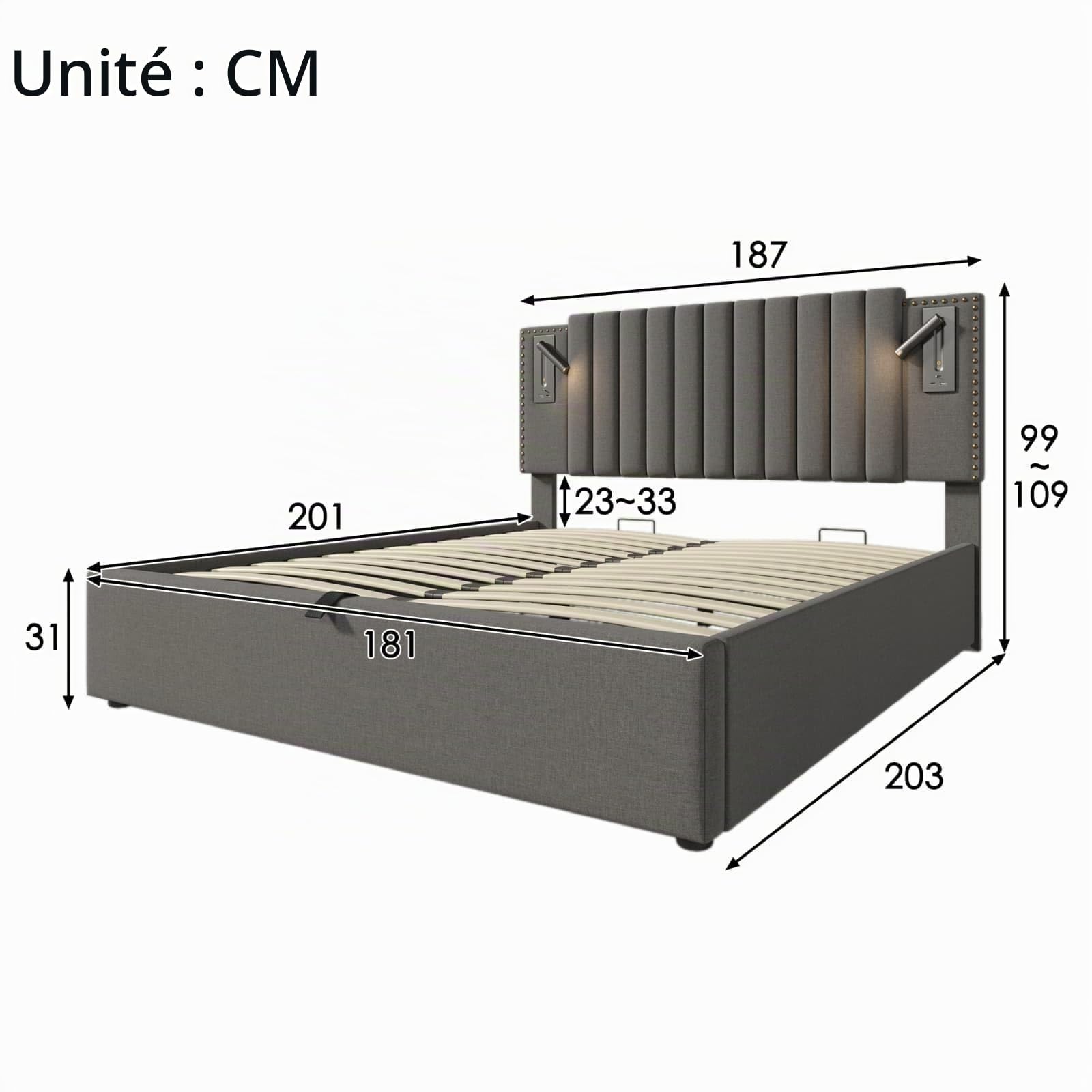 PUGSDRLY Lit Coffre 180x200cm avec Lampe de Lecture et Port Chargement USB,Lit Double de Rangement avec Sommier à Lattes,Tête de lit avec Design Décoratif de Rivets,Coton,sans Matelas (Gris, 180x200)